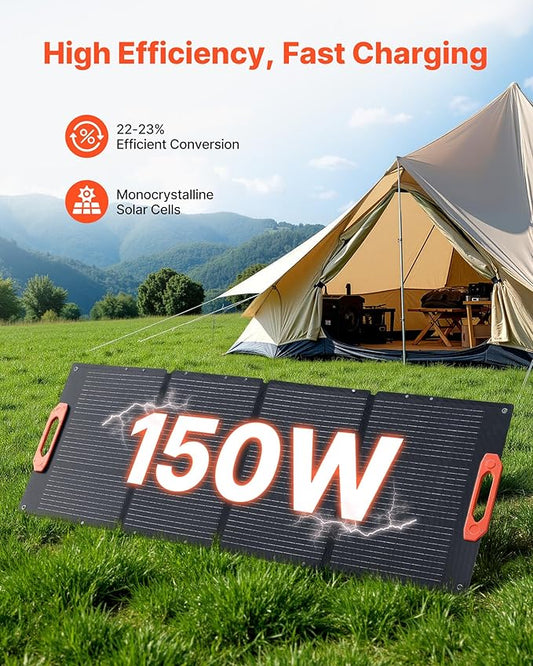 VEVOR 150W Foldable Monocrystalline Solar Panel, 23% Efficiency Portable ETFE Mono Solar Panel Charger with MC4 Output, Type-C, QC3.0 USB & DC Ports, IP67 Waterproof for Power Stations Camping Hiking