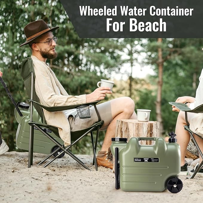 7.4 Gallon Water Jug with Wheels & Folding Handle, GIGYES Rolling Wheel Water Storage Tank for Hiking Camping, Portable