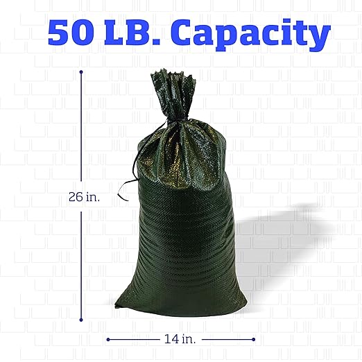 DURASACK Heavy Duty Sand Bags with Tie Strings Empty Woven Polypropylene Sand-Bags for Flood Control with 1600 Hours of UV Protection, 50 lbs Capacity, 14x26 inches, Green, Pack of 100