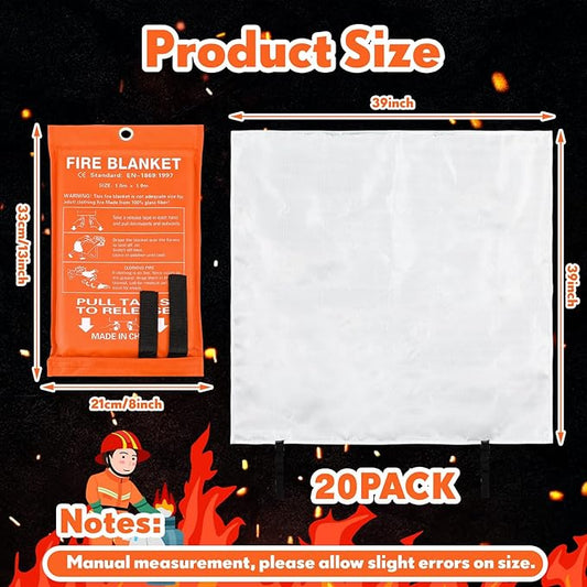 Macarrie 20 Pack Fire Blankets 39” x 39” Fire Blanket Emergency for Home and Kitchen Extinguisher Blankets Fiberglass Suppression Blanket Safety Fireproof Survival for Car Office Warehouse (Orange)