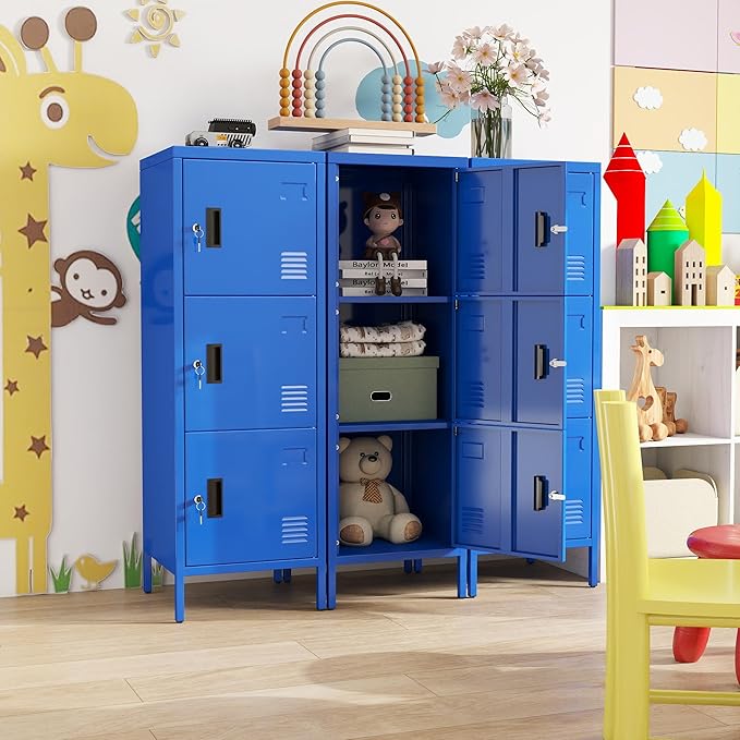 Metal Locker with Ventilation Holes, Metal Storage Cabinet with Lock and Card Slot for Home,School, Office, Garage,47.3" H x 15.8" W x 15.8" D,Assembly Required,Blue