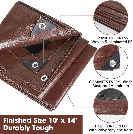 Heavy Duty Double-Sided Waterproof Poly Tarp 10x14 Feet 12mil Thick Polyethylene Tarps, Perfect for Outdoor Use, Plastic Cover & Mat for Tent Camping Storage Boat Bikes Vehicles