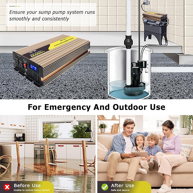 1500W Sump Pump Battery Backup Power System,Basment Protection Sump Pump Inverter with LCD Display and Automatic Battery Backup Switching for Basement Emergency and Power Outage Backup, (Gold)