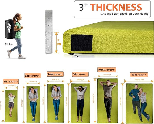 3 Inch Memory Foam Camping Mattress, Dual Layer Thick Sleeping Camp Pad for Car Tent Cot, Roll-Up Portable Glamping Floor Bed for Guests Sleepover
