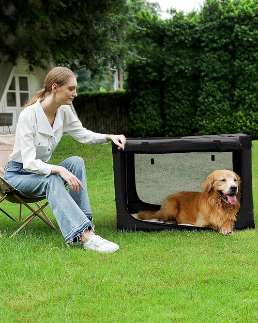 33-Inch Collapsible Travel Dog Crate, Portable 4-Door Soft Kennel for Medium to Large Dogs, Chew-Proof Mesh Windows, Indoor/Outdoor Use, Foldable, with Storage Bag (Black)
