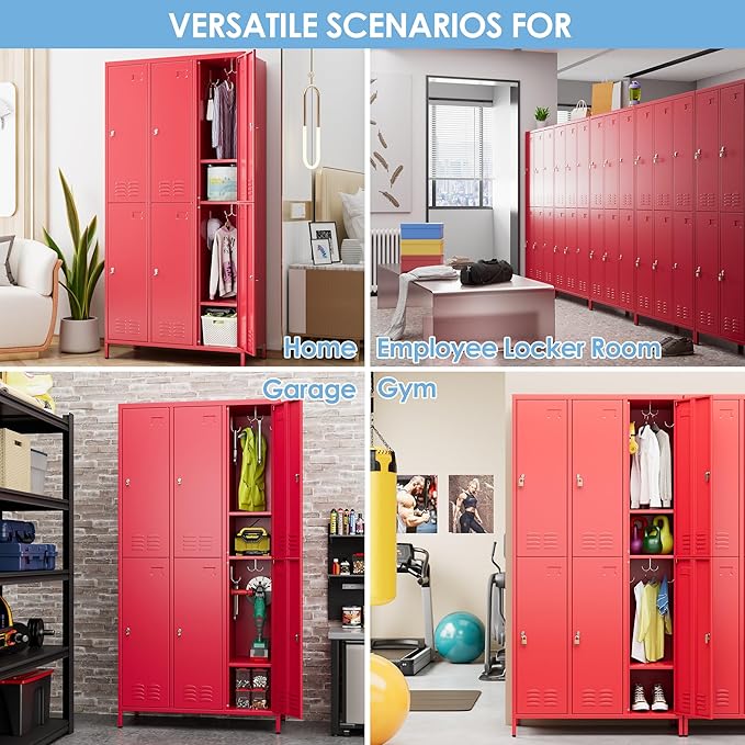 Metal Lockers for Employees with 6 Doors and 18 Hooks, 72”H Storage Locker with Card Slot for Office Gym School Bedroom, Red, Assembly Required