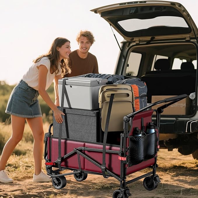LEVELEVE Heavy Duty Folding Wagon - 2-in-1 Collapsible Cart, 400lb Capacity, All-Terrain Wheels w/Brakes & Side Pockets