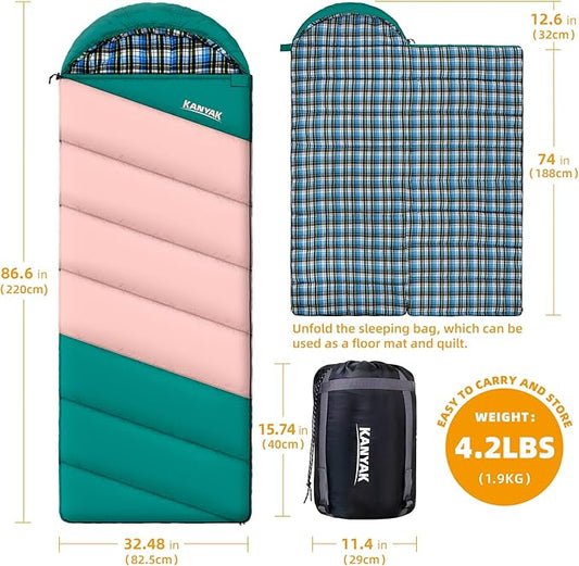 Cotton Flannel Lined Sleeping Bag for Adults Teens Kids, Cold Weather & Warm, 3 Seasons, Lightweight Compact Camping Essentials Equipment, Hiking, Outdoor, Travel