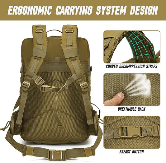 Tactical Backpack for Men, Water Resistant 45L Military Backpack, for Hiking, Camping, Gym with Molle System