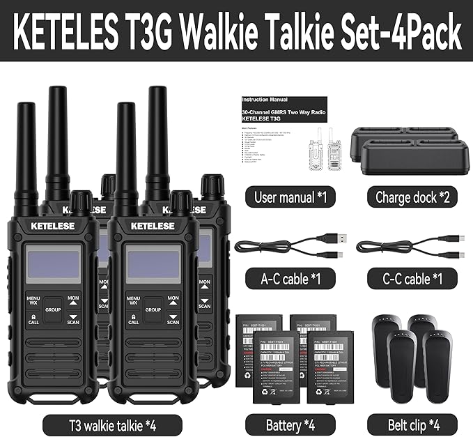 KETELESE T3G IP67 Waterproof Walkie Talkies Rechargeable, Heavy Duty 2 Way Radios with Earpiece and Mic, Dock, USB, NOAA Weather Alert, Group PTT (4 Pack), Black/Grey