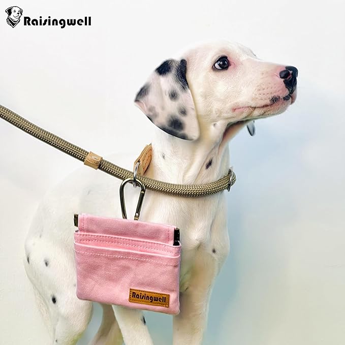 Dog Treat Pouch, Small Cotton Pocket Sized Training Holder, Hand Free Walking Fanny Bag with Carabiner, Self-Closing Pet Feed Snack Reward, Behavior Aids for Puppy Travel or Outdoor (Pink)