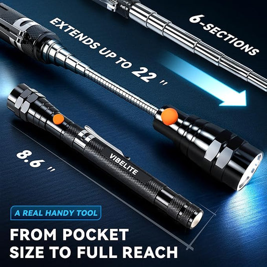 VIBELITE Extendable Magnetic Flashlight with Telescoping Magnet Pickup Tool-Cool Gadget Christmas Gifts Stocking Stuffers for Men, Teen Boys, Husband, Dad, Father, Mechanic, Him, Women, Black