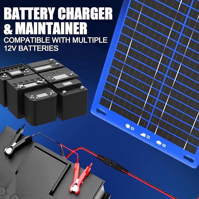 OYMSAE 7.5W 12V Blue Solar Panel Portable Waterproof Trickle Battery Charger & Maintainer for Car Boat RV with Cigarette Lighter Plug & Alligator Clip