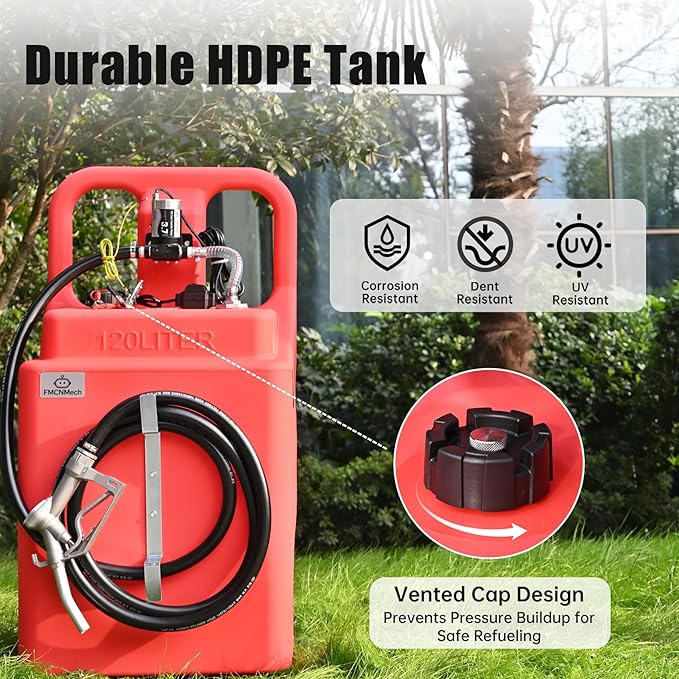 32 Gallon Gasoline & Diesel Fuel Caddy with 12V Electric Pump, 3.7GPM Forward & Reverse Flow, Protable Fuel Transfer Tank with Heavy-Duty Wheels for Farm, Boat & Tractor Use