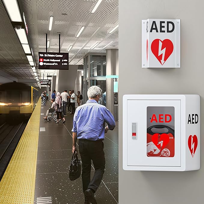 AED Projecting Sign With AED Graphic, 5'' x 9'' Plastic Panel with 4 Pre-Drilled Mounting Holes & Double Sided Tapes, AED Wall Mounted Sign for Outdoor & Indoor