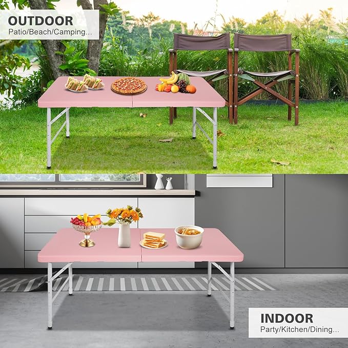Portable 4Ft Adjustable Height Plastic Folding Table, Heavy Duty Fold-in-Half Table with Carrying Handle, Small Utility Foldable Table for Picnic Party Camping BBQ, Indoor/Outdoor (Pink)