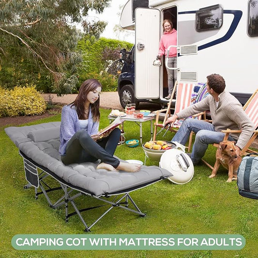 2 Pack Wide Folding Camping Cots with Pillow & Extra Thick 3 Inch Matress, Cots for Sleeping 900 LBS, Camping Bed for Adults with Cushion, Sleeping Cot (Grey)