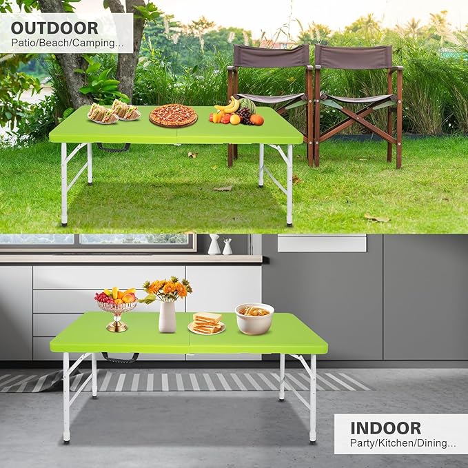 Portable 4Ft Adjustable Height Plastic Folding Table, Heavy Duty Fold-in-Half Table with Carrying Handle, Small Utility Foldable Table for Picnic Party Camping BBQ, Indoor/Outdoor (Green)