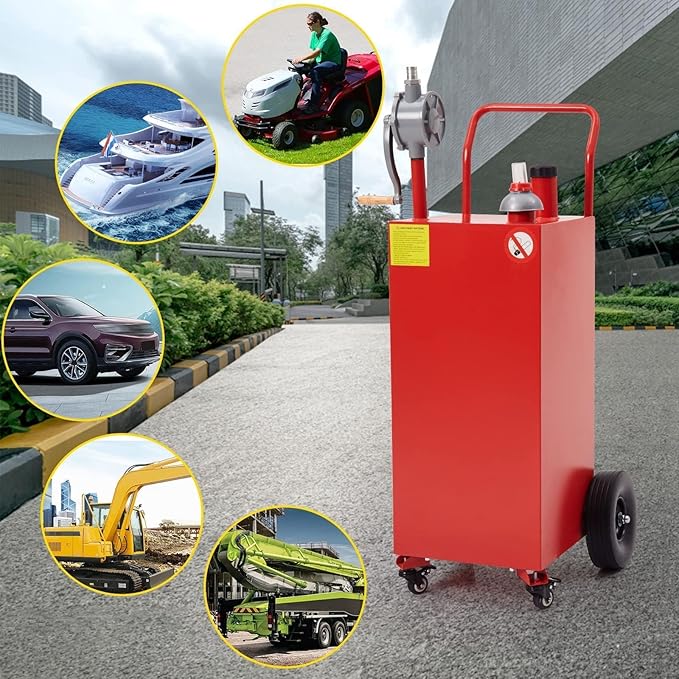 45 Gallon Fuel Caddy With Wheels - Heavy Duty Steel Gas Can With Hand Pump - Portable Fuel Transfer Tank for Gasoline, Diesel, Kerosene - Wide Mouth Design for Construction, Farm, ATV, Generator
