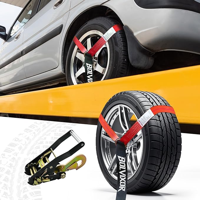 4 Pack Car Tie Down Straps for Trailers - 2" x 96" - 9900LBS Break Strength - Tire Ratchet Strap with Snap Hooks - Adjustable Wheel Straps for Hauling UTV, SUV, Truck, Any Cars