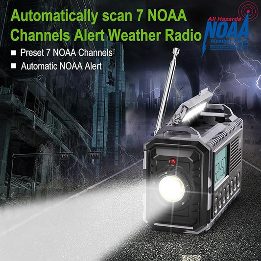 Raynic Solar Radio, 12000mAh/44400mWh Battery Operated Weather Radio, Hand Crank Emergency Radio with AM/FM/SW/NOAA Alert, Cell Phone Charger, Type-C Charging, Flashlight and SOS Siren