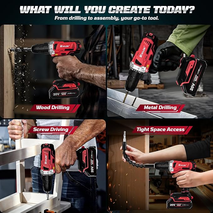 20V Cordless Drill Set,Electric Power Drill Cordless,Power Drill Drivers,Electric Screwdriver - 2.0Ah Batteries, 30Nm,21+1 Torque,2 Speed,34pcs Acessories,Built-in LED,Kit for Home,Red