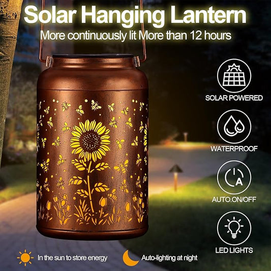 Solar Lanterns Outdoor, Waterproof Hanging Metal Solar Lanterns LED Decoration for Garden, Yard, Patio - Perfect Birthday Gifts for Women Mom Grandma(Sunflower+Bee)