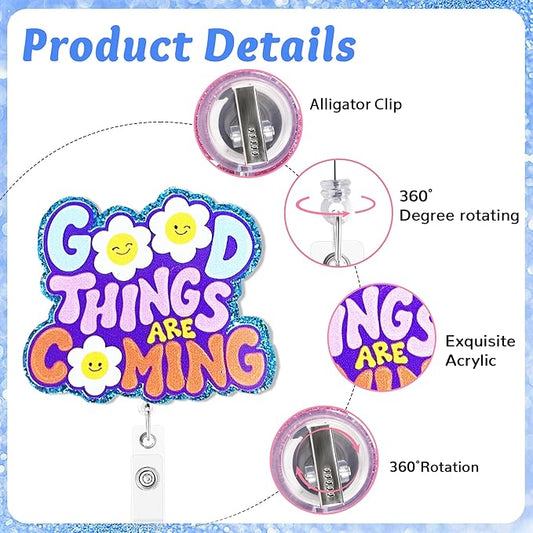 Good Things Coming Badge Reel with Alligator Clip Funny ID Badge Holders Cute RN LPN CNA MA PCT Badge Buddy Healthcare Medical Students Nurse Accessories for Work