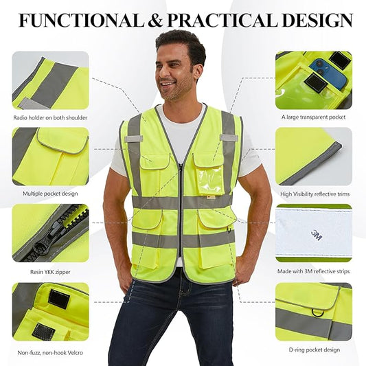 SIFE Reflective Safety Vest High Visibility Vest With 7 Pockets And YKK Zipper, ANSI/ISEA Class 2 Standard, Made With 3M Reflective Tape(03Y-Yellow,XL)