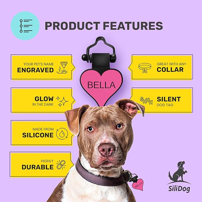 SiliDog - The Original Silicone Silent Dog Tag - Personalized Engraved Soundless Pet ID - As Seen On Shark Tank - Durable - Never Fades - Heart - Red