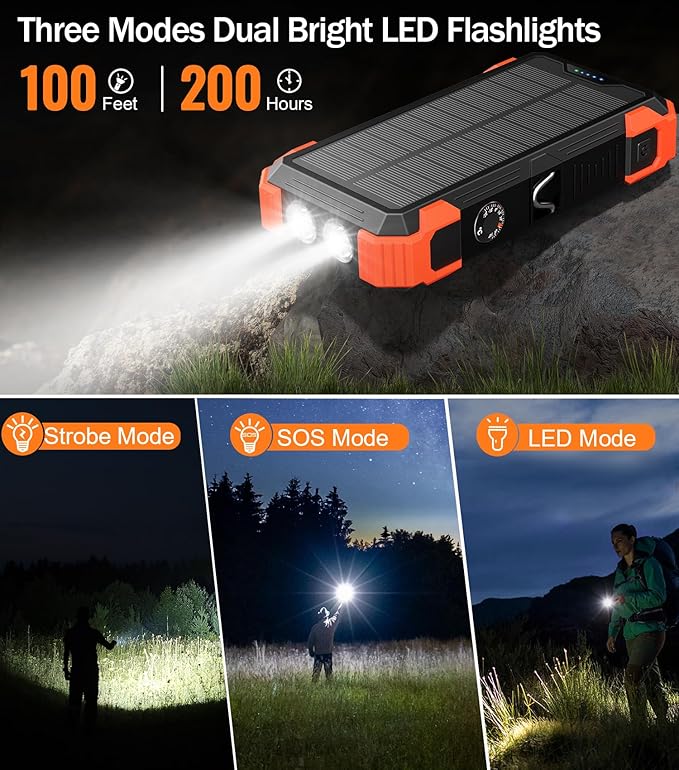 GOODaaa Portable Charger 42800mAh Built in 4 Cables and Thermometer 15W Fast Charging Power Bank Five Outputs Three Inputs Solar Charger Power Bank, SOS/Strobe/Strong Flashlights, Carabiner