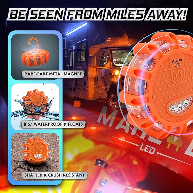 Marcala LED Road Flare 1-Pack | DOT Compliant LED Road Flares Car Emergency Kit | Emergency Flares Kit w/Batteries Installed | Roadside Safety Disc w/ 9 Flashing Modes | Get Noticed From a Mile Away