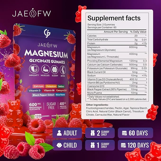 Magnesium Glycinate Gummies 1000mg – High Absorption Magnesium Complex with L-Threonate, CoQ10, Muira Puama, Vitamin D3 & B6 for Adults & Kids – Promotes Energy Balance, Focus, and Muscle Function 120