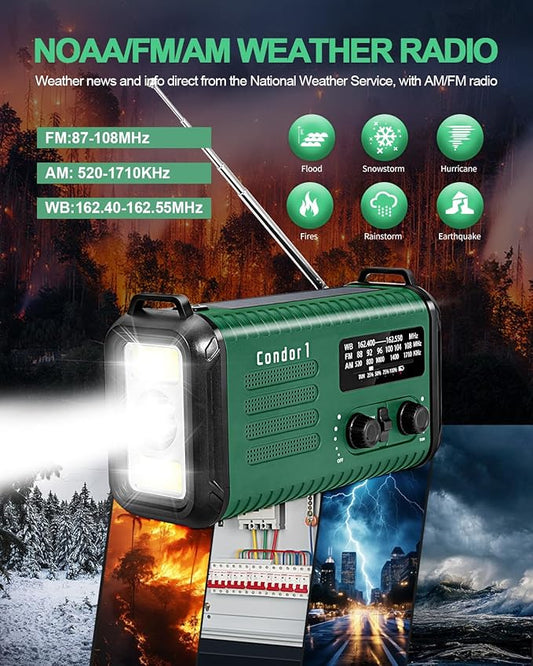 Emergency Crank Radio, 20000mAh / 74000mWh Solar Hand Crank Weather Radio with NOAA/AM/FM, Battery Powered Radio with Cell Phone Charger, Reading Lamp, Flashlight & SOS for Emergencies/Home (Green)