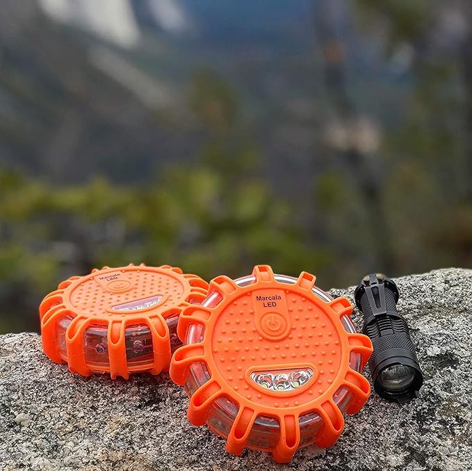 Marcala LED Road Flares Emergency Lights 6‑Pack | Roadside Safety Disc & LED Safety Flare | Roadside Hazard Emergency Kit w/Boat Flare Kit | Batteries, Case & Whistle Included | Feel Safe on Road