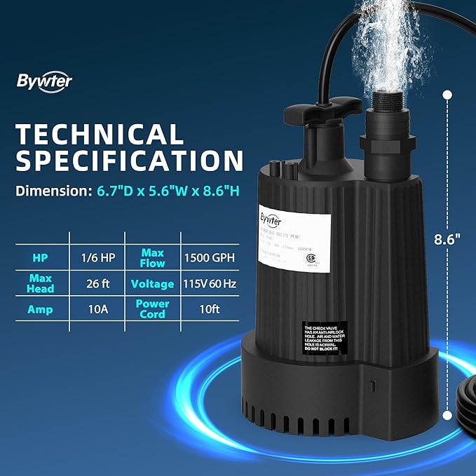 1/6 HP Submersible Water Pump, 1500 GPH Sump Pump with Thermoplastic Housing, 115V Portable Electric Water Pump with 10 Ft Cord for Basement, Yard, Boats and Pool Covers