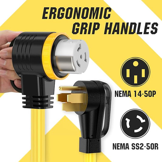 100 Feet 50 Amp RV/Generator Cord, 100% Copper Wire, NEMA 14-50P to SS2-50R Twist Lock, Newly Designed 90°Grip Handle, 6/3+8/1 Gauge STW Wire