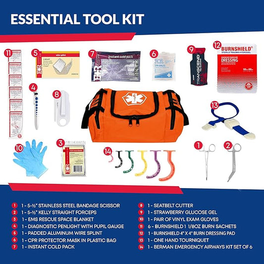 Fully Stocked Trauma First Aid Kit – First Responder II Bag with Tools, Gauze, Bandages, Scissors & Gloves – Compact & Portable – OSHA and ANSI Compliant – Orange
