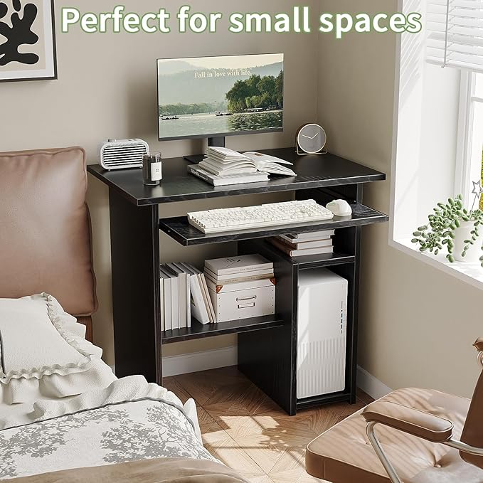 ALISENED Home Office Computer Desk with Monitor Stand Keyboard Tray, 31.5 Inch Study Writing Desk Small PC Laptop Table with Storage Shelves, Modern Workstation for Small Spaces Save Space, Black B