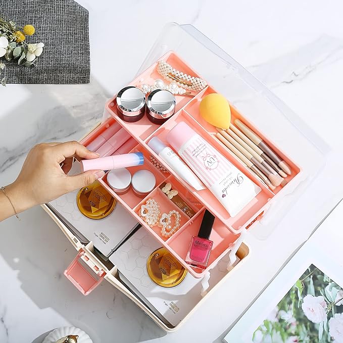2PCS 12'' Three-Layer Clear Plastic Storage Box/Tool Box, Multipurpose Organizer and Portable Handled Storage Case for Art Craft and Cosmetic (White)