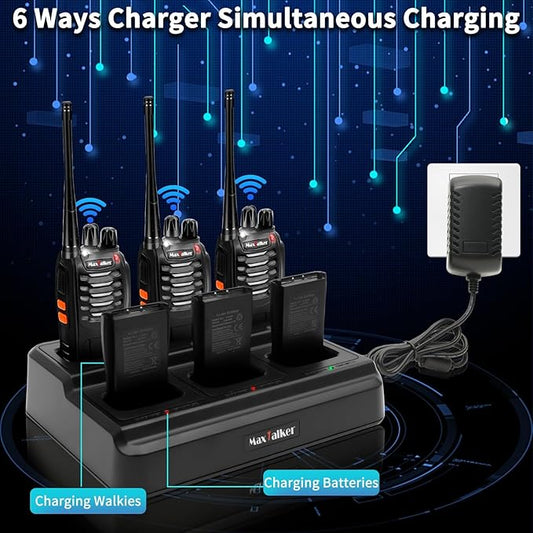 MT-8S Walkie Talkies Long Range for Adults,Rechargeable Walkie Talkie with 6 Way Multi Gang Charger, 1500mAh Li-ion Battery, Earpiece, Flashlight and USB-C Charging (6Pack)
