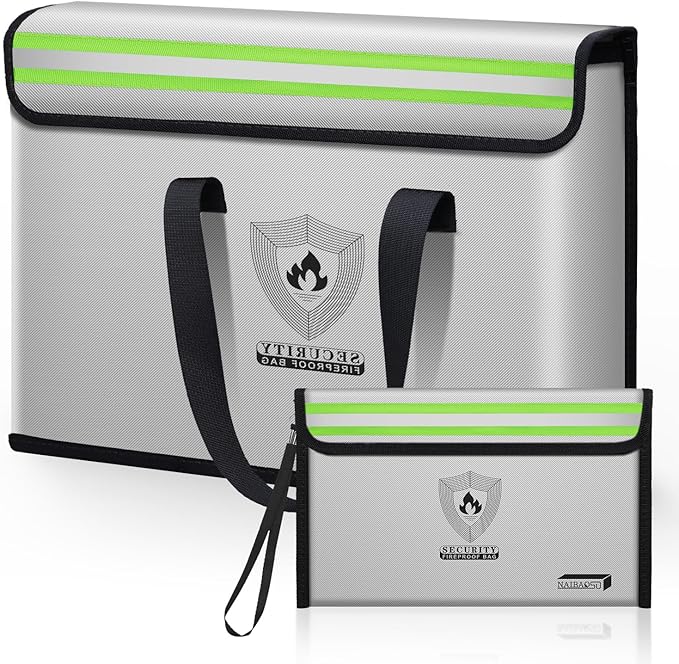 fireproof document pouch (16" x 12" x 5") silicone coated, combination lock office out bag, fireproof money pouch (8.75" x 6.0") for cash, coins, credit cards, passport and other valuables