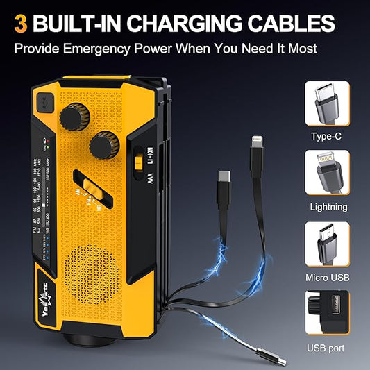 Hand Crank Emergency Radio 7400mWh (2000mAh) Solar Hand Crank Radio Built in 3 Charging Cables AM/FM/NOAA Weather Radio Battery Operated Hand Crank Charger for Emergency Supplies Survival Gear