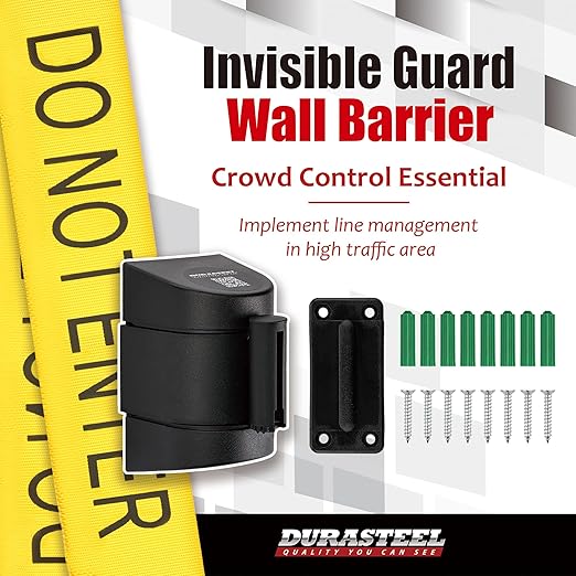 DuraSteel Wall Mount Crowd Control Retractable Belt Barrier - 9.2 Ft Yellow Do NOT Enter Retractables Barrier Belt w/Yellow ABS Casing Crowd Control Barriers Line NOT Stanchions with Retractable Belts