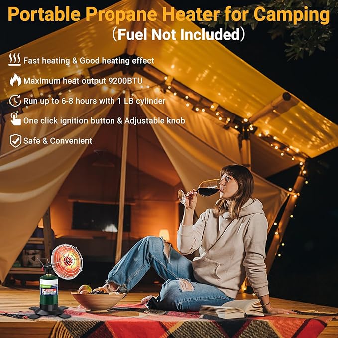 Portable Propane Heater for Camping,9,200BTU Small Outdoor Patio Garage Heater,Self-Ignition,with Foldable Gas Cylinder Holder for Tent Hiking Ice Fishing Hunting(Fuel Cylinder not included)