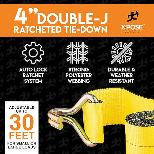 Ratchet Straps Heavy Duty 4" x 30' – 20,000 lbs Break Strength Tie Down Straps with Double J Hooks, Ratcheting Cargo Straps for Truck, Trailer, Kayak, Motorcycle & Moving – 10 Pack