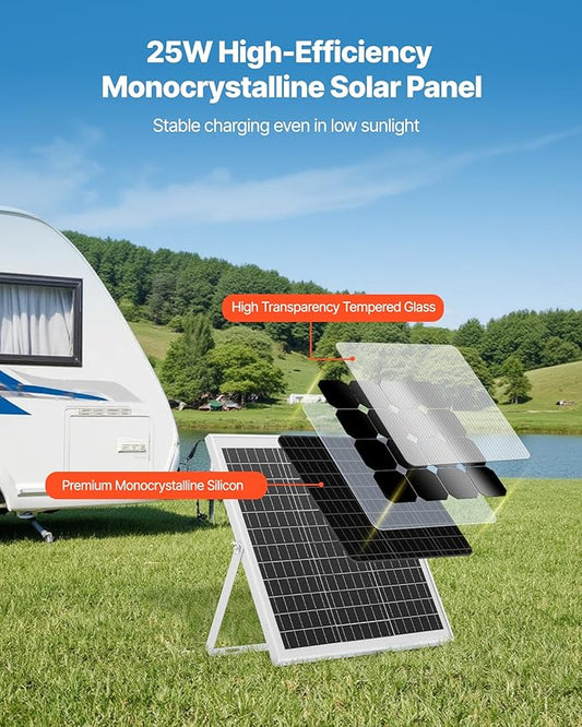 VEVOR 25W 12V Solar Panel Battery Charger, Solar Battery Trickle Charger Maintainer with Intelligent MPPT Controller & Adjustable Mount Bracket, IP67 Waterproof for Car Boat RV Motorcycle Trailer