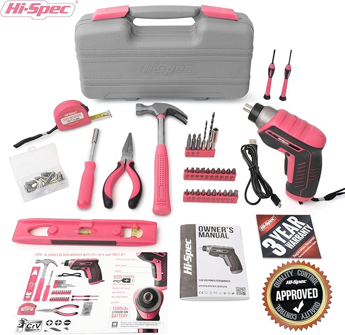 Hi-Spec 35-Piece Tool Kit with 3.6V USB Small Electric Screwdiver Set, Pink Drill Set for Women, Tool Kit for Home