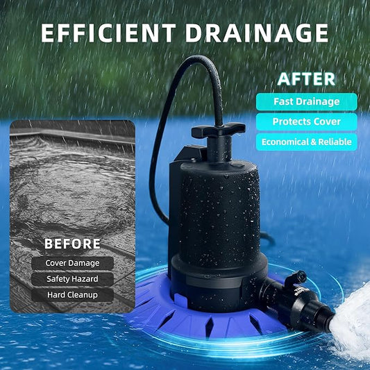 Pool Cover Pump, 1/4HP Automatic Swimming Pool Cover Pump, 1800 GPH Submersible Sump Pump with Check Valve Adapter for 3/4" & 1-1/4" Hoses and 25ft Power Cord, Water Removal for Pool Cover