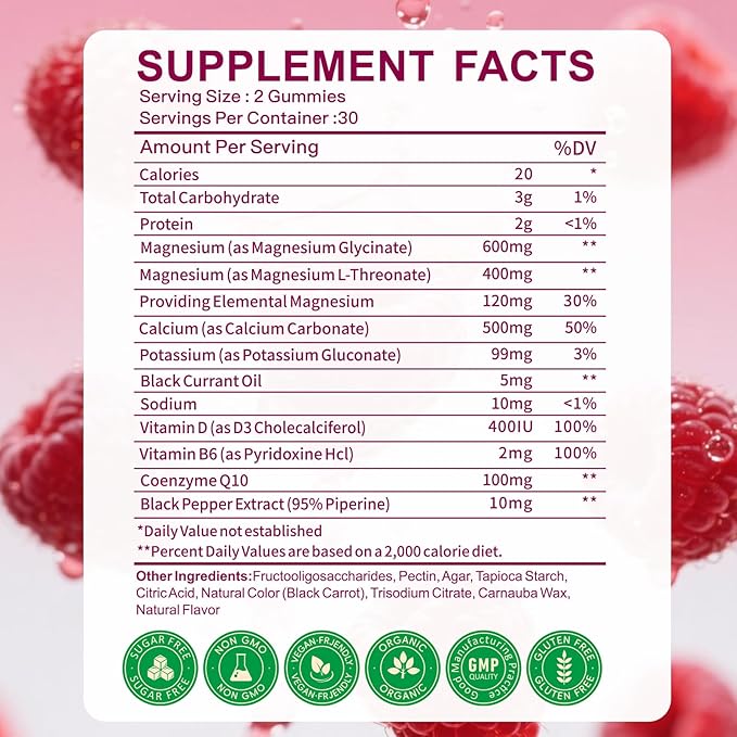 Magnesium Glycinate Gummies 600mg, High Absorption Magnesium Gummies with L-Threonate, Calcium, Vitamin B6, Sugar Free Chews for Adults & Kids Relaxation, Stress Relief Raspberry (60 Count)